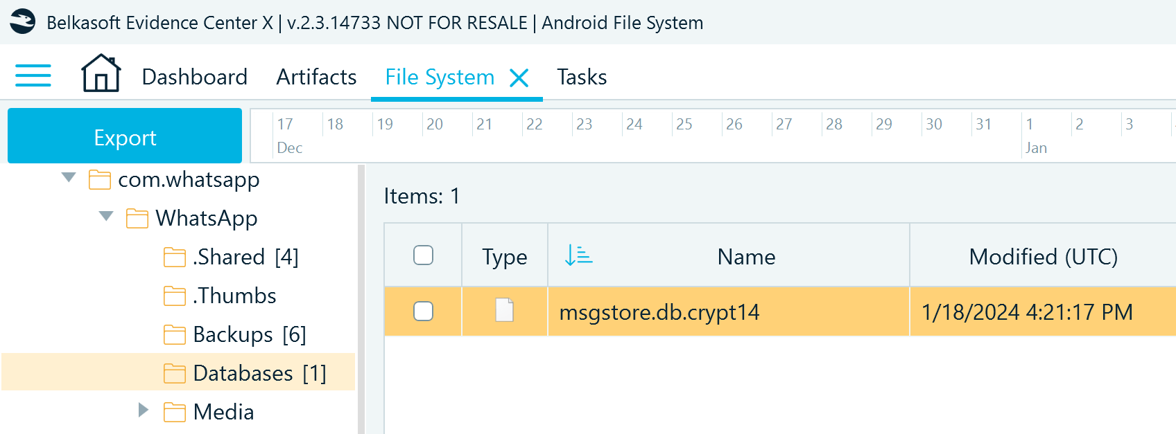 WhatsApp files acquired with the Android file system copy method (backup folder)