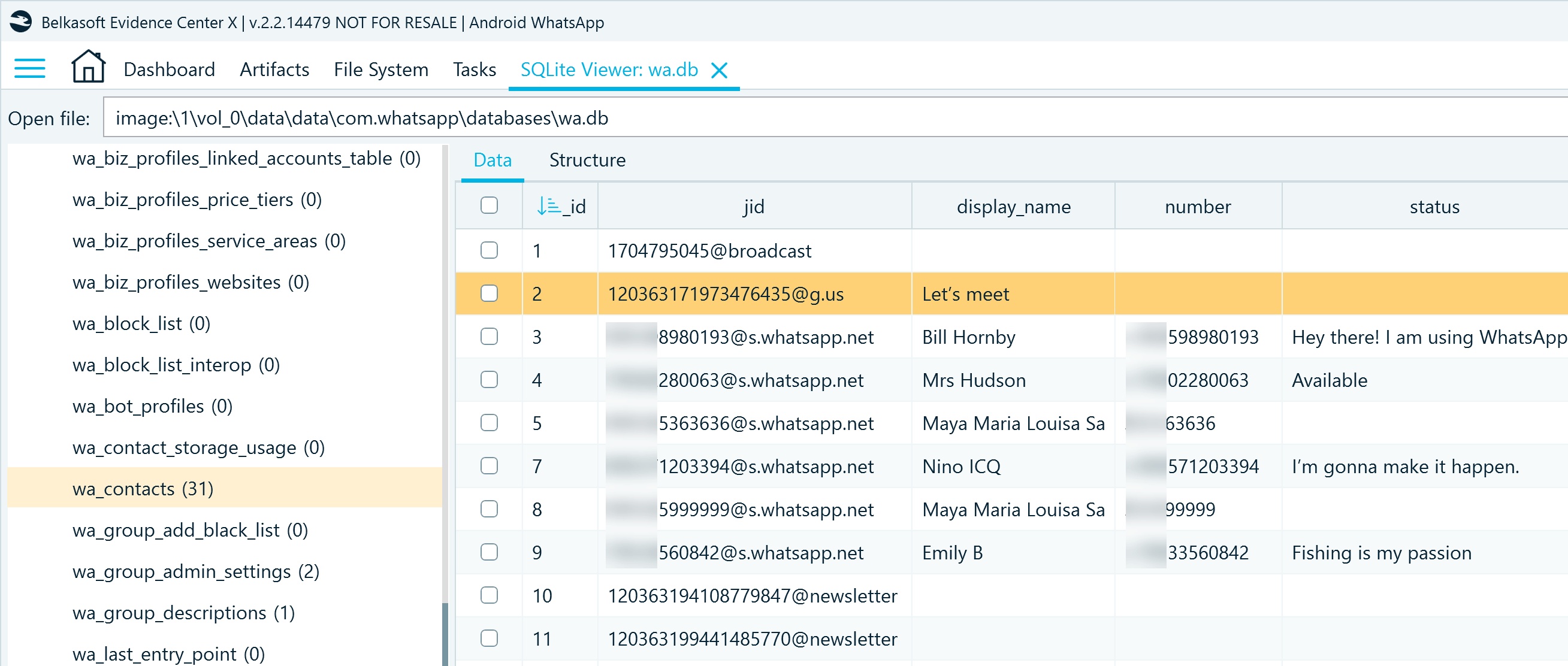 WhatsApp contact records in wa.db, wa_contacts table