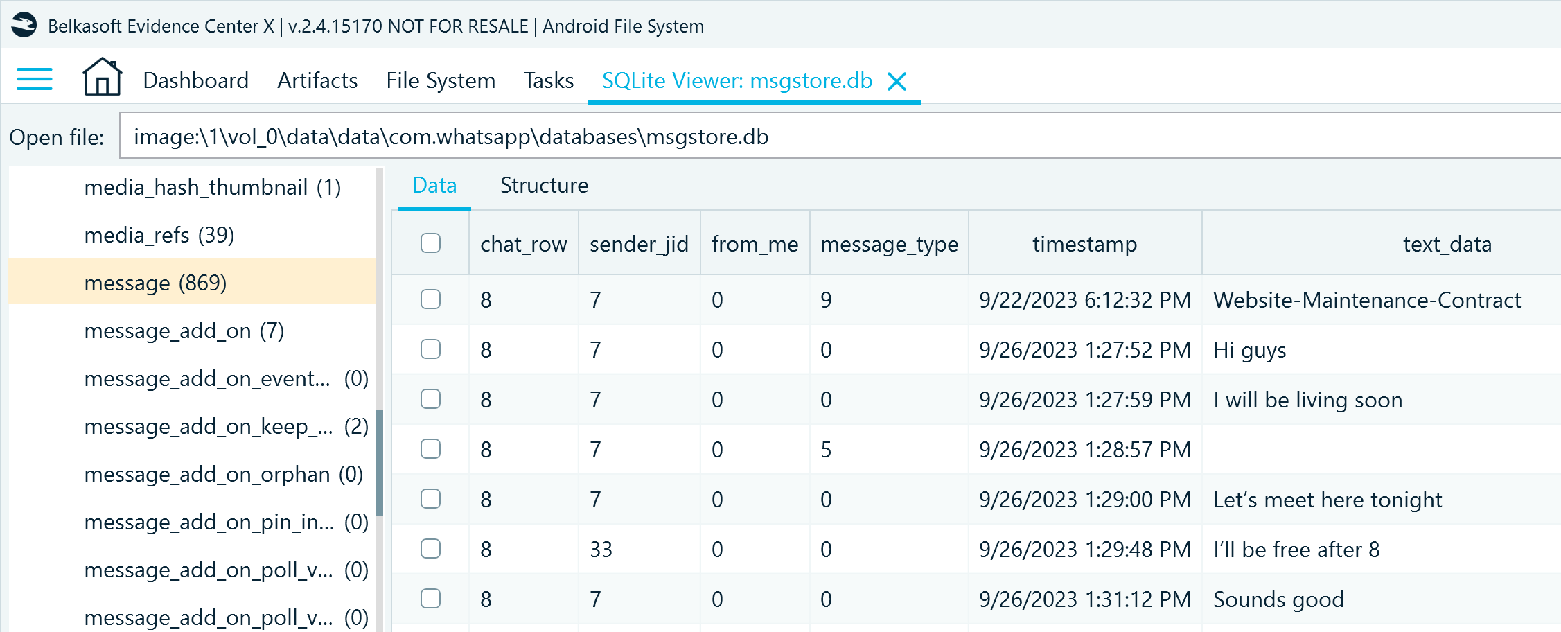 WhatsApp conversation records in msgstore.db, message table