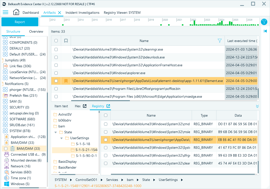 Registry Viewer in Belkasoft X with Element.exe highlighted in the BAM key