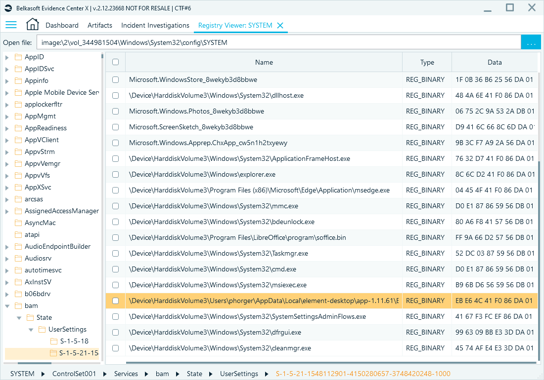 Registry Viewer window in Belkasoft X showing BAM and DAM artifacts