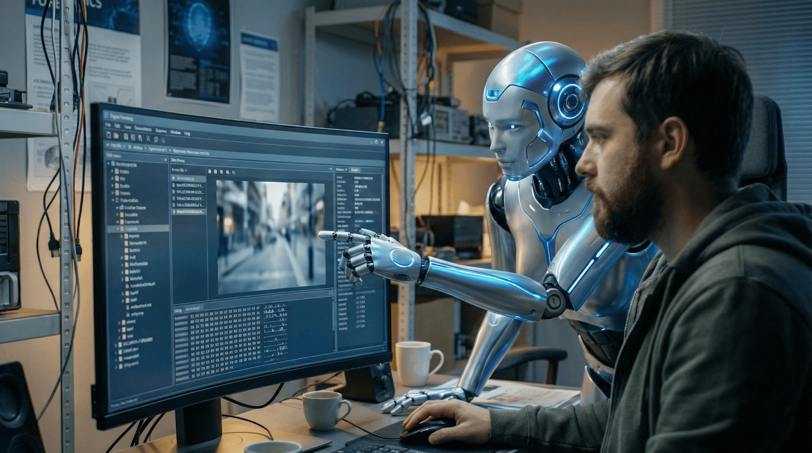 An illustration with a futuristic android helping a digital forensic examiner analyze a picture