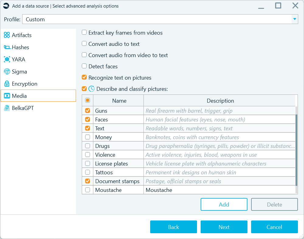Media analysis options for a data source in BelkaGPT