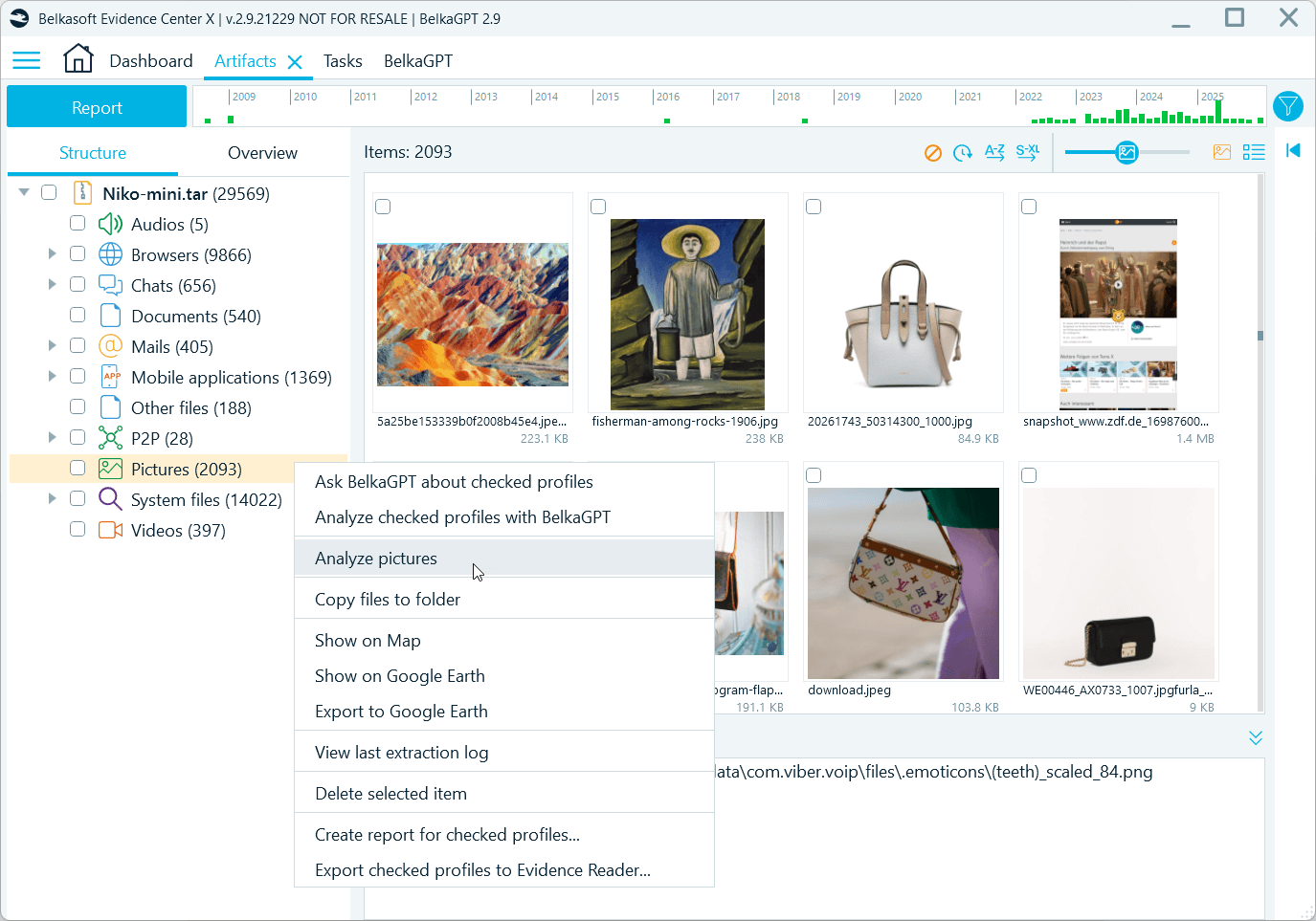 The context menu of the Pictures profile in Belkasoft X with the Analyze picture option highlighted
