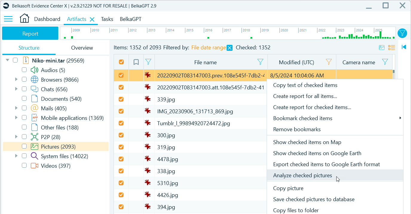 Pictures filtered by date selected to analyze with BelkaGPT