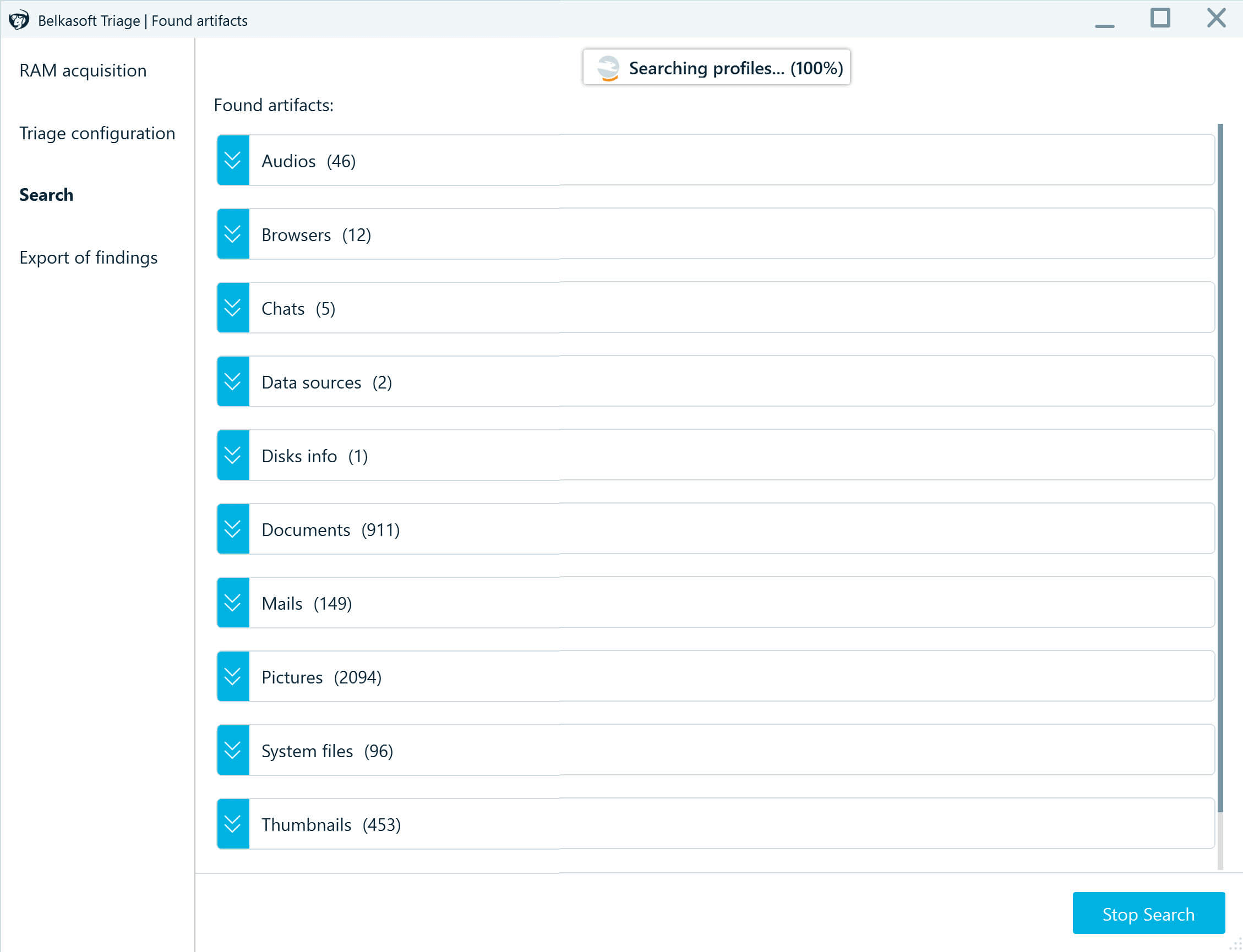 Belkasoft T interface running on a live Windows machine during endpoint triage