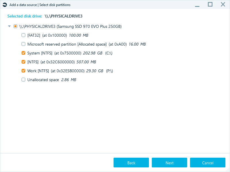 Add a data source window with several partitions marked.