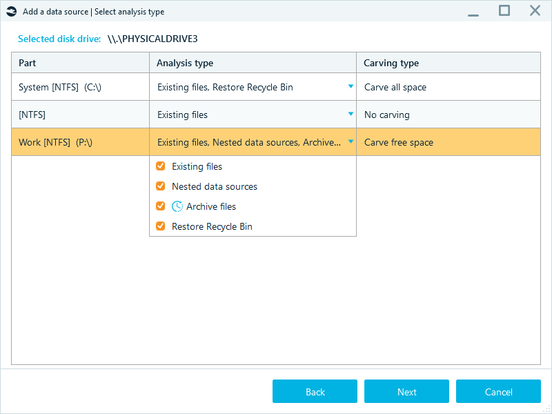 Add a data source window with different analysis types checked.