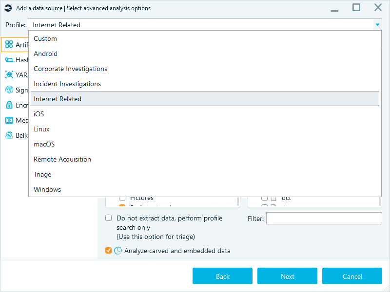 Advanced analysis options showing different analysis profiles.