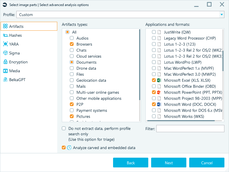 Advanced analysis options showing different artifact types checked.