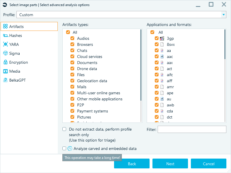 Advanced analysis options with unchecked carved and embedded data analysis.