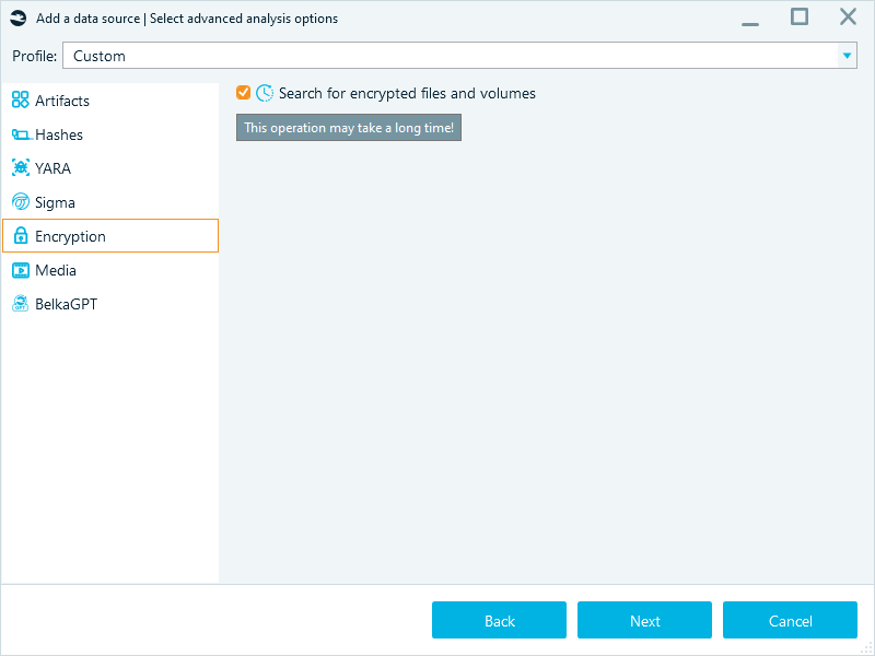 Advanced analysis options with a checked search for encrypted files.