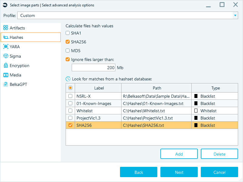 Advanced analysis options with SHA256 hash database checked.