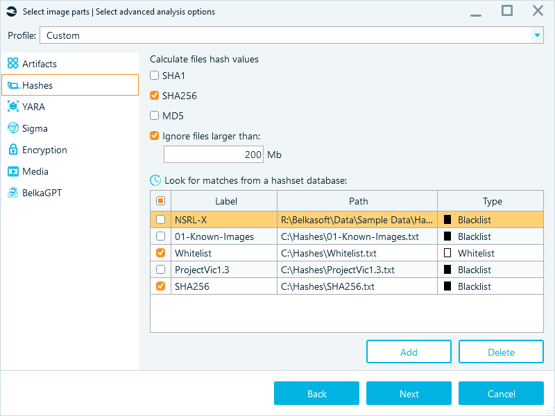 Advanced analysis options with SHA256 and Whitelist hash database checked.