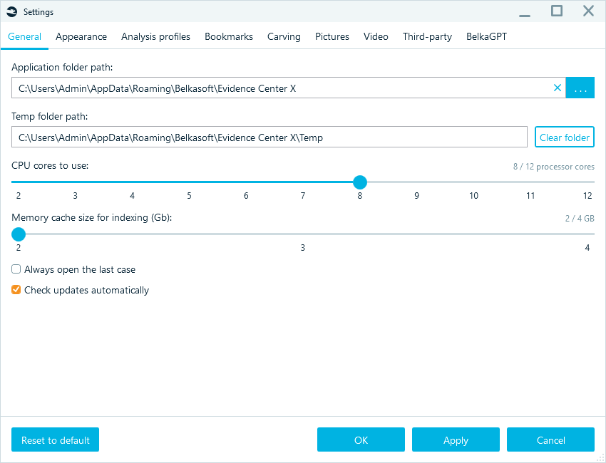 Belkasoft X memory cache settings.