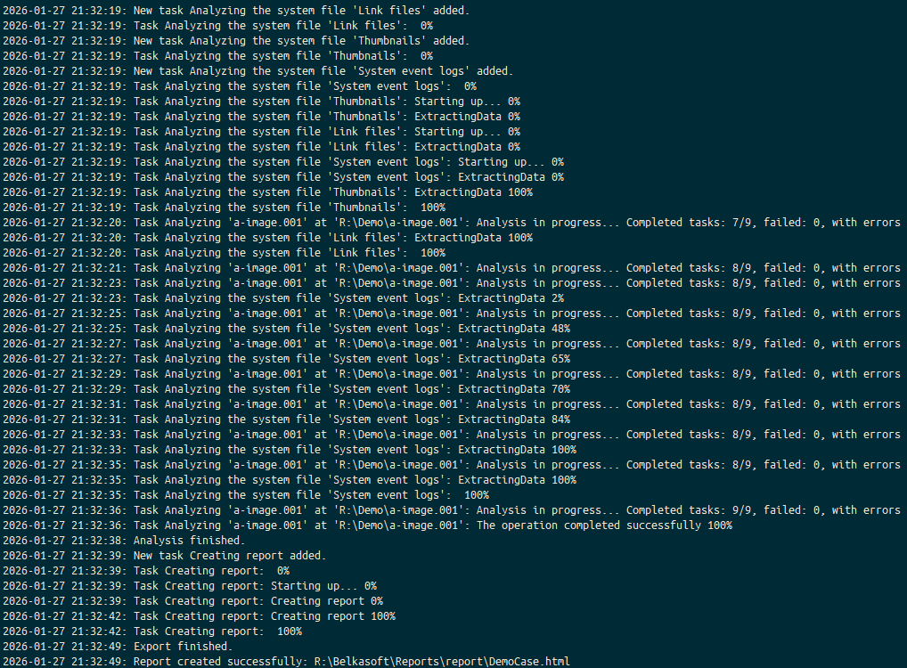 CLI running Belkasoft X processing.