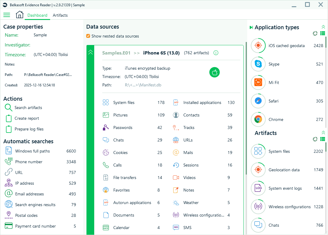 Belkasoft Evidence Reader dashboard.