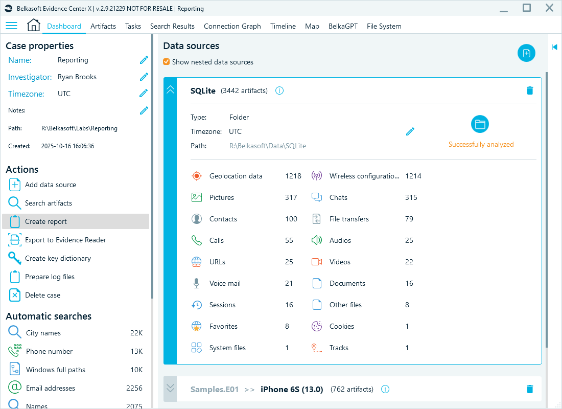 The Dashboard window in Belkasoft X with the Create report option highlighted