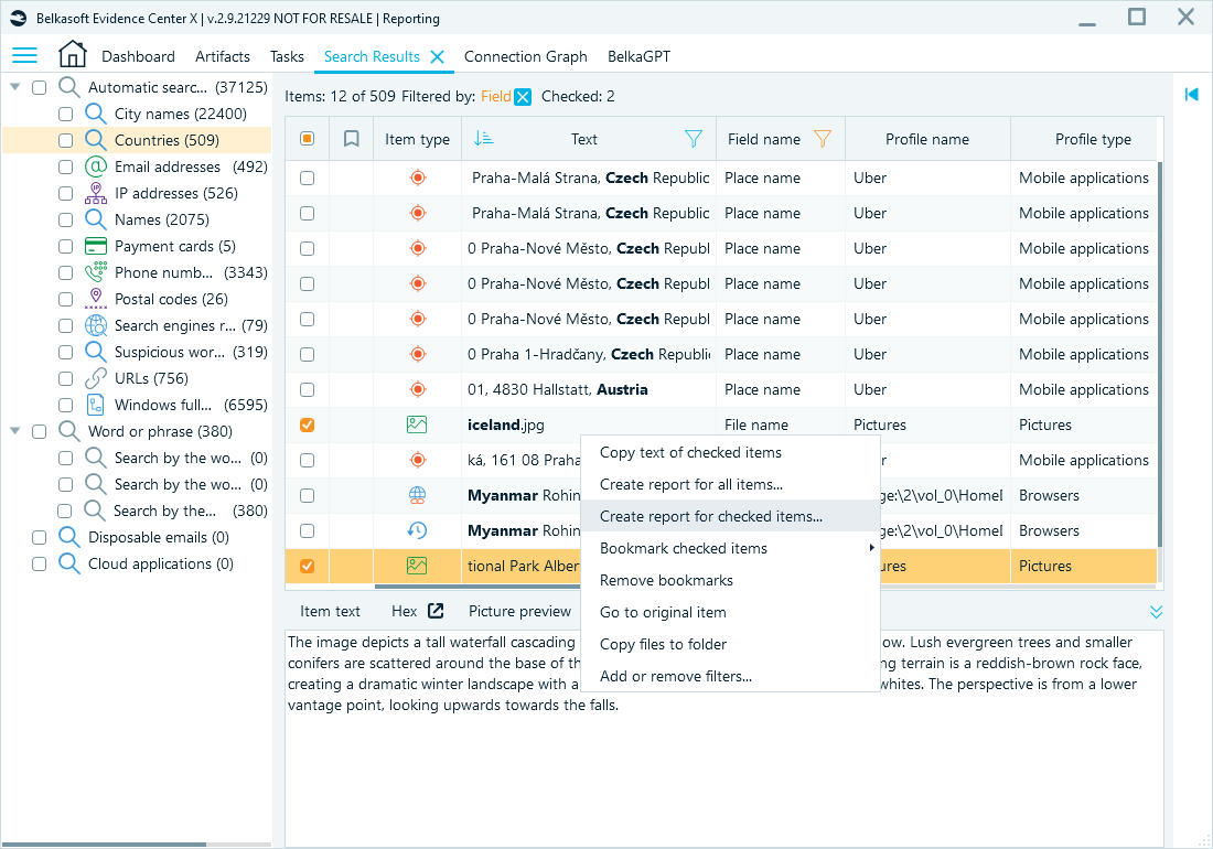 Filtered search results window in Belkasoft X