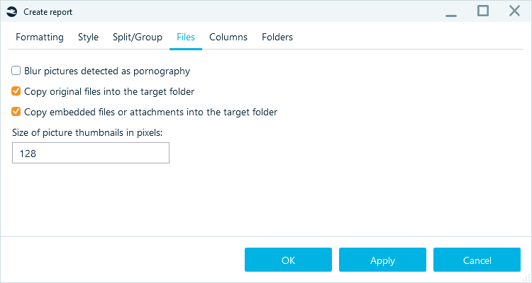 File options for Belkasoft X's report