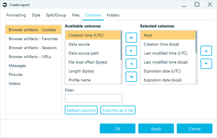 Output columns options for Belkasoft X's report