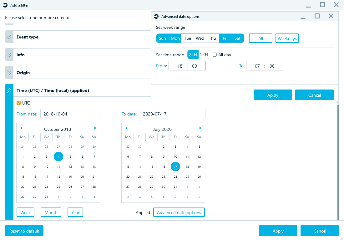A date filter designed to detect device activities during the weekend
