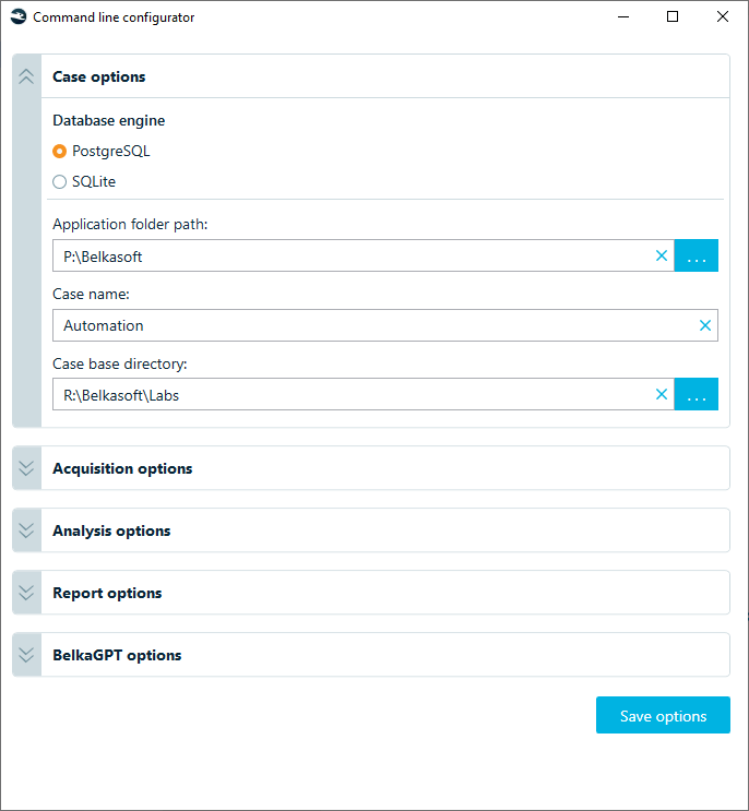 The Belkasoft X Command Line Configurator graphical interface used to generate a JSON automation configuration file