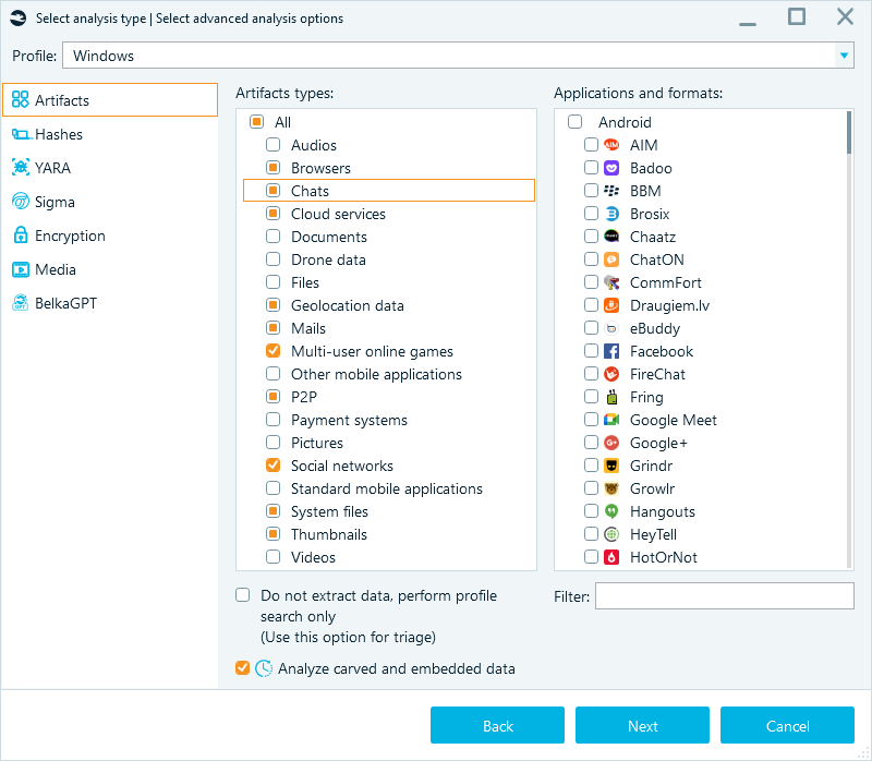 Advanced analysis options window with artifact types