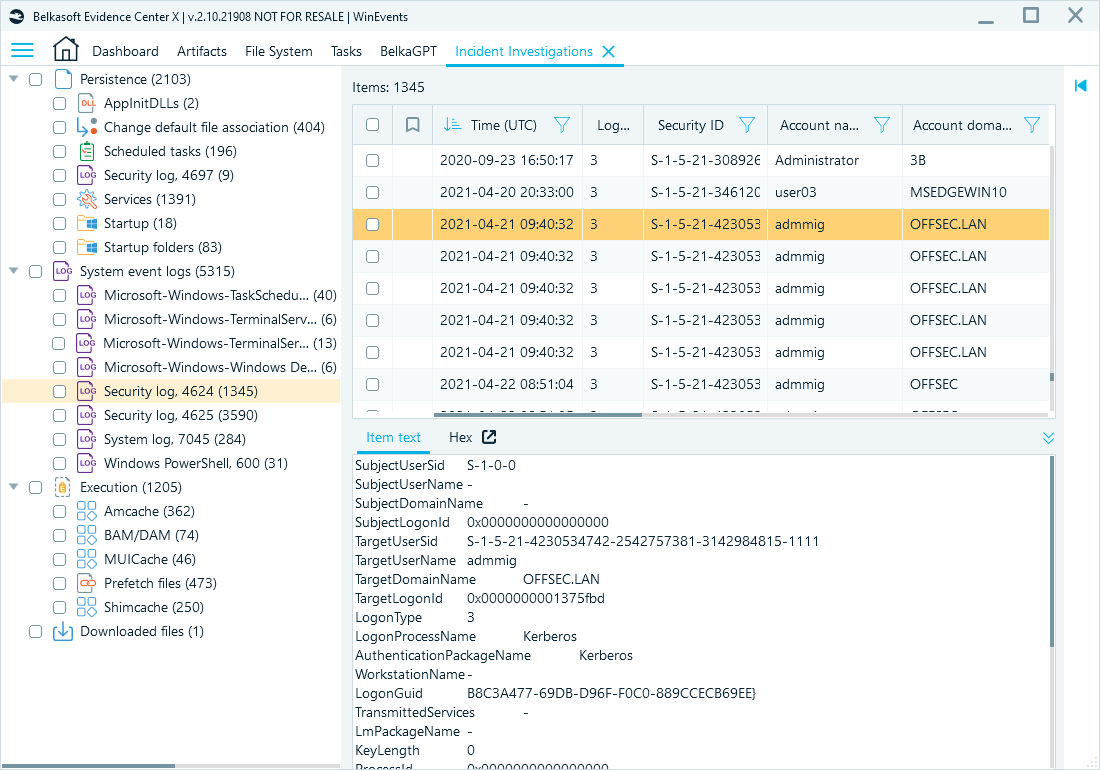 Incident investigations window showing security log