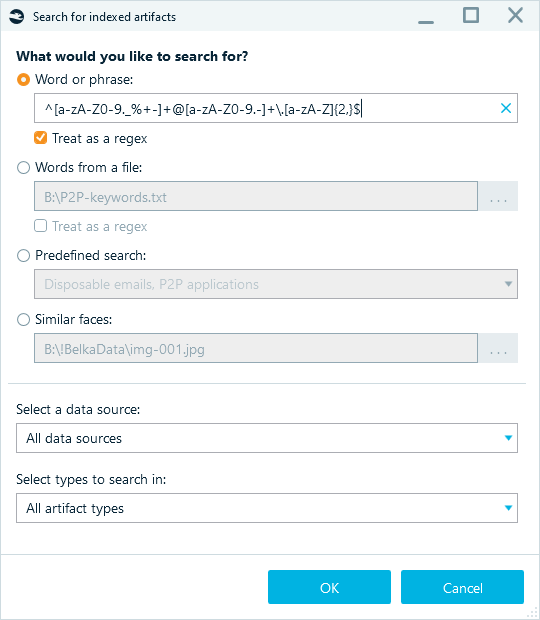Search window with various options