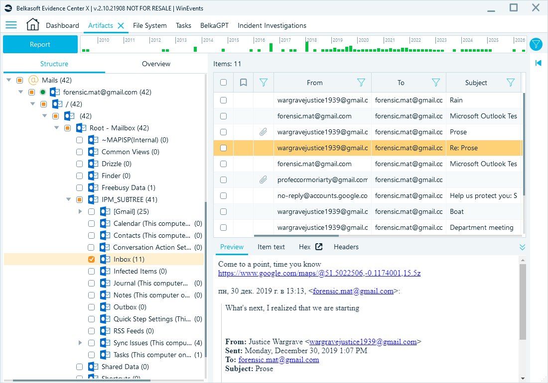 Artifacts window demonstrating Outlook inbox message
