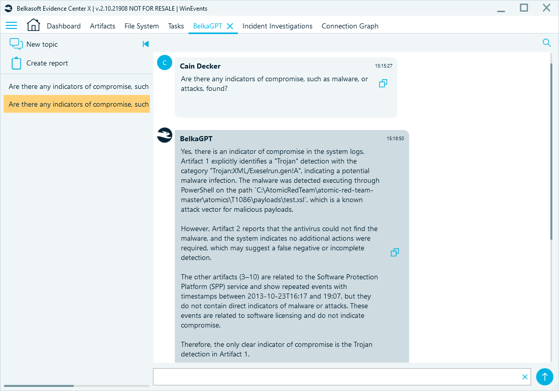 BelkaGPT window demonstrating an answer about indicators of compromise in the case