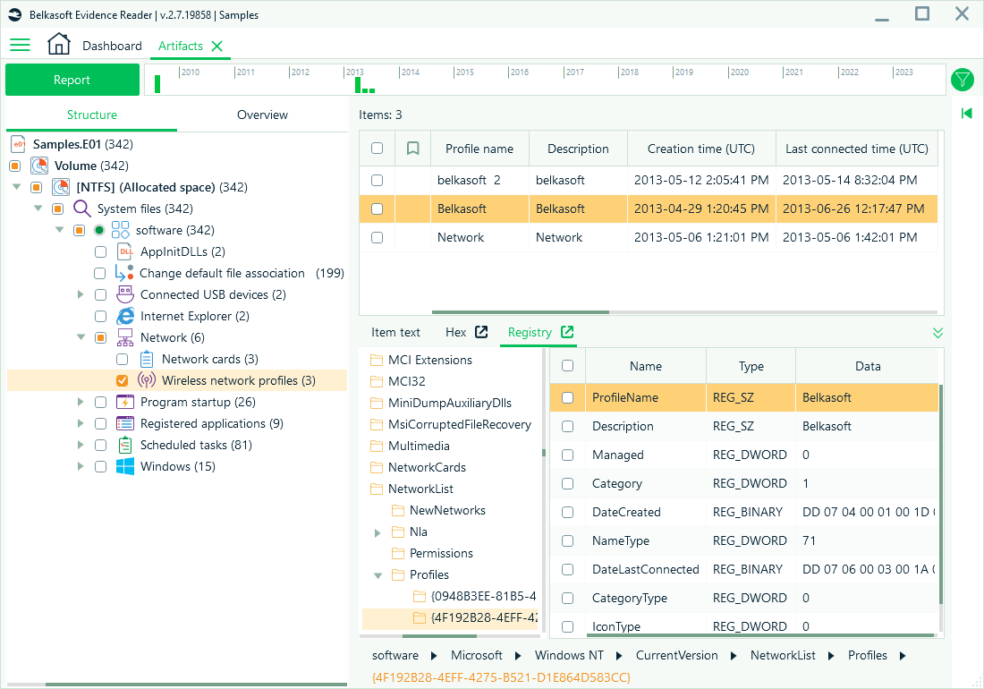 Evidence Reader with wireless network profiles extracted from Registry