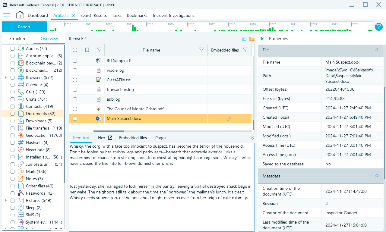 Properties section showing timestamps for .doc files in grid view of Belkasoft X