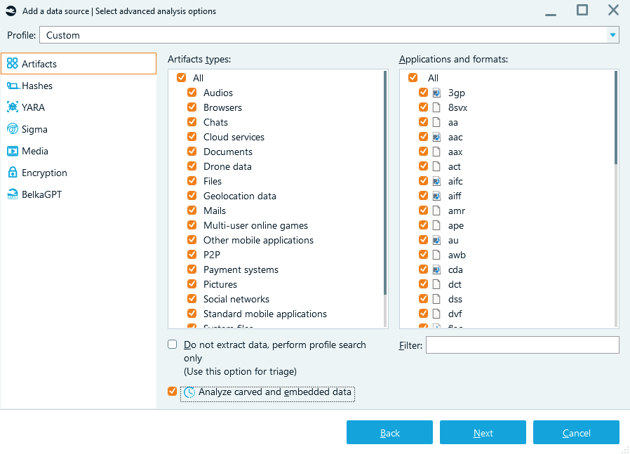 Advanced analysis options window with carved and embedded data analysis enabled in Belkasoft X