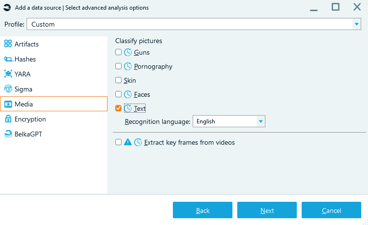 Advanced analysis window with text classification enabled in Belkasoft X