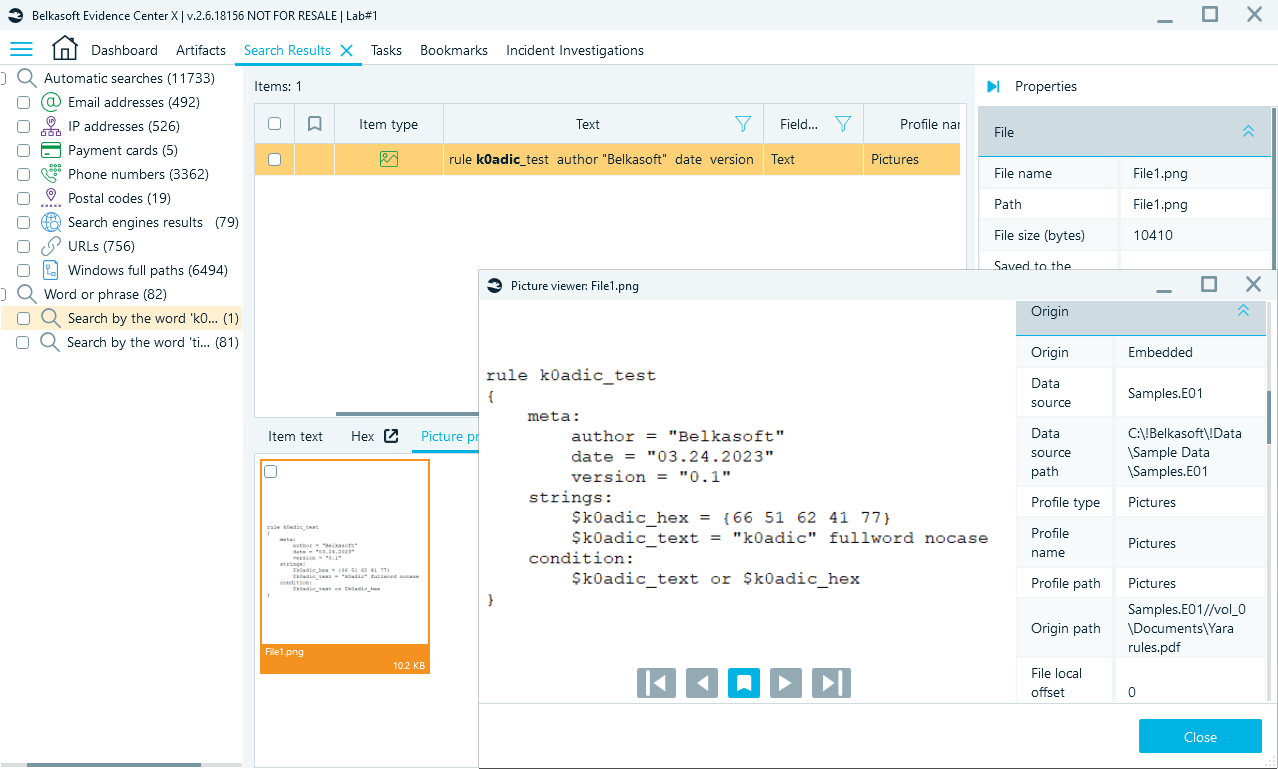 Text search results found by Belkasoft X for “k0adic” query on the picture