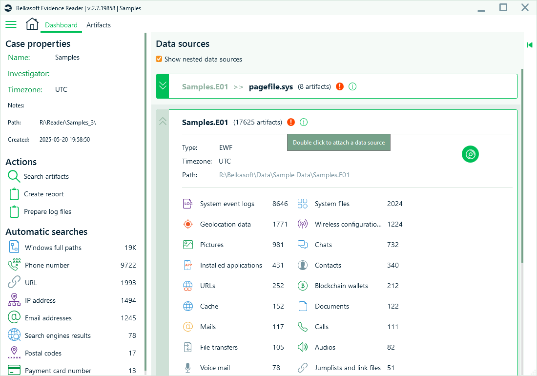 Belkasoft Evidence Reader highlighting detached data source