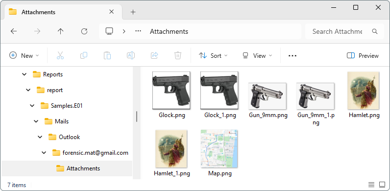 File explorer showing attachment folder export results