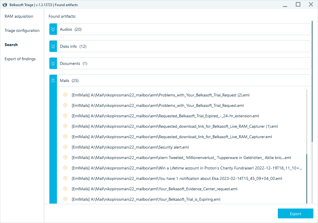 Belkasoft Triage window showing mails found