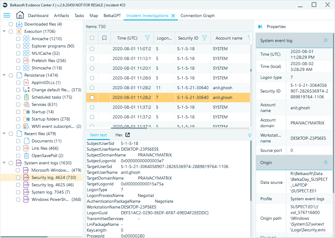 Belkasoft Incident Investigation window in Belkasoft X