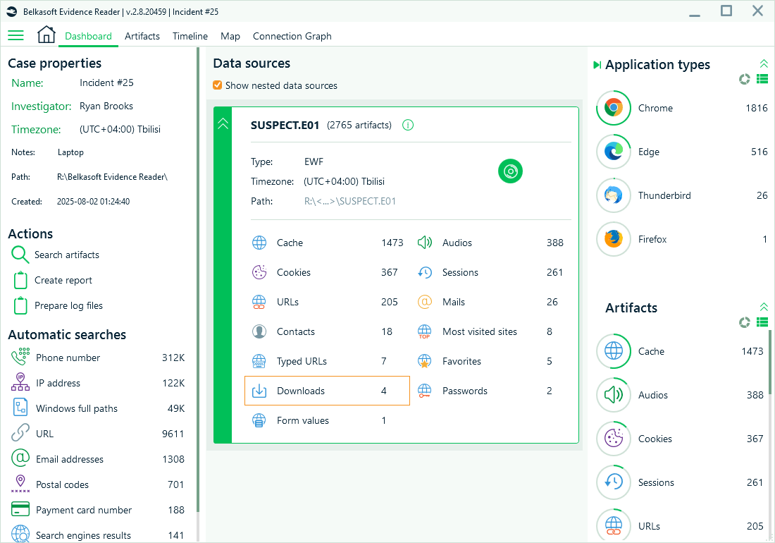 Belkasoft Evidence Reader dashboard