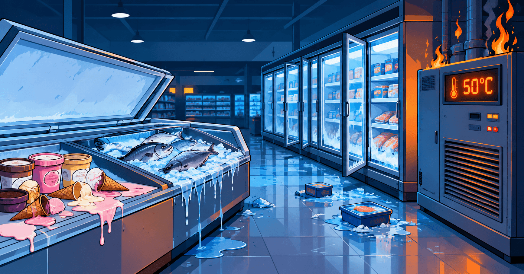 Supermarket refrigerators on fire during the refrigeration controller attack