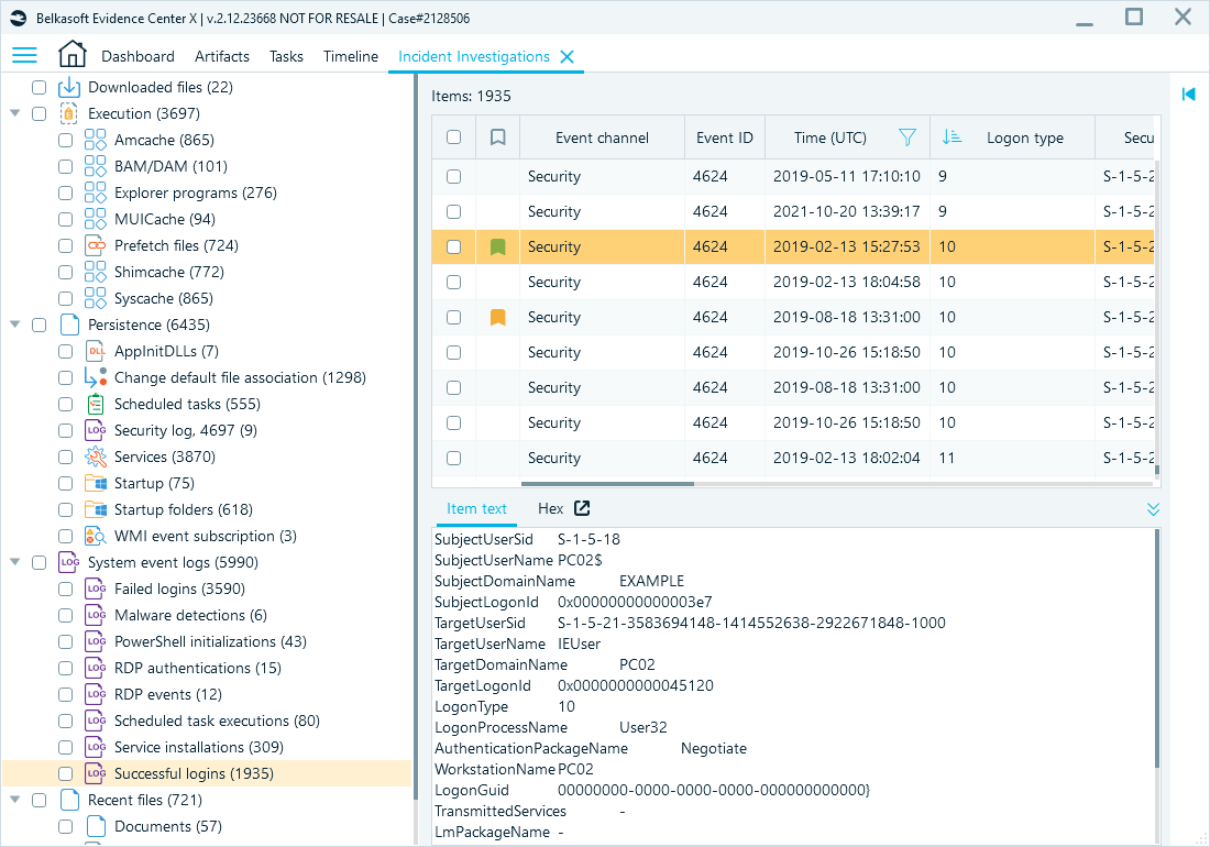 Incident Investigations module in Belkasoft X with remote connections, execution, and persistence nodes