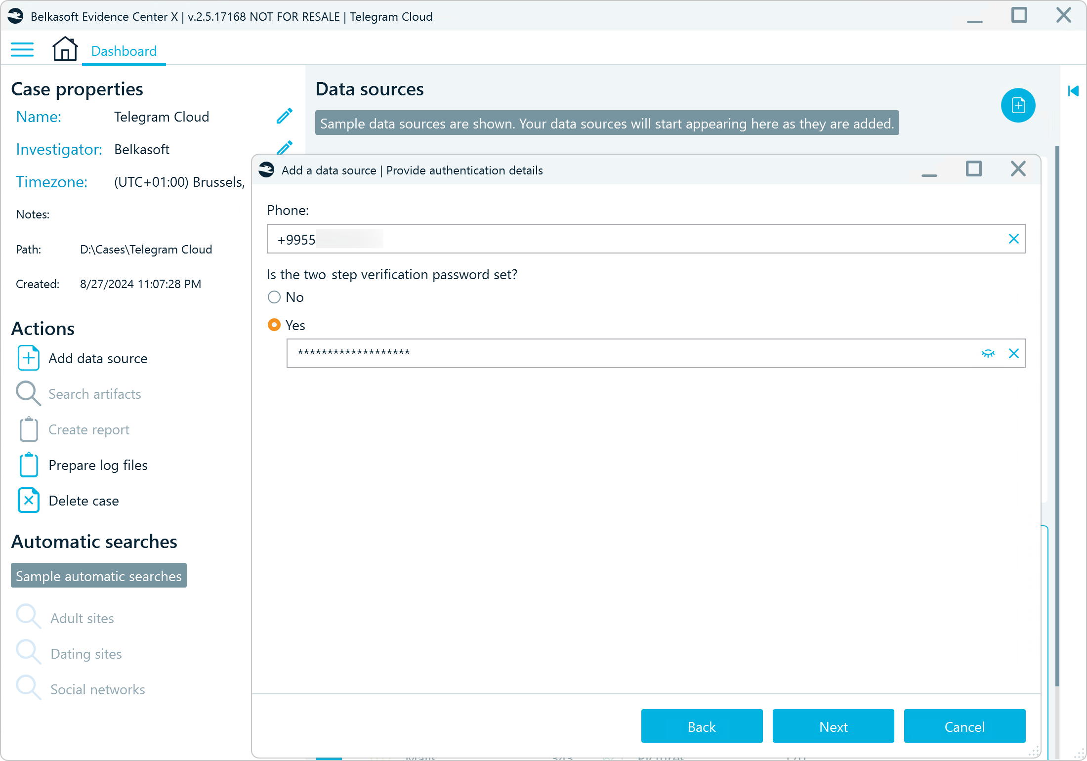 Providing user's credentials to download Telegram data with Belkasoft X