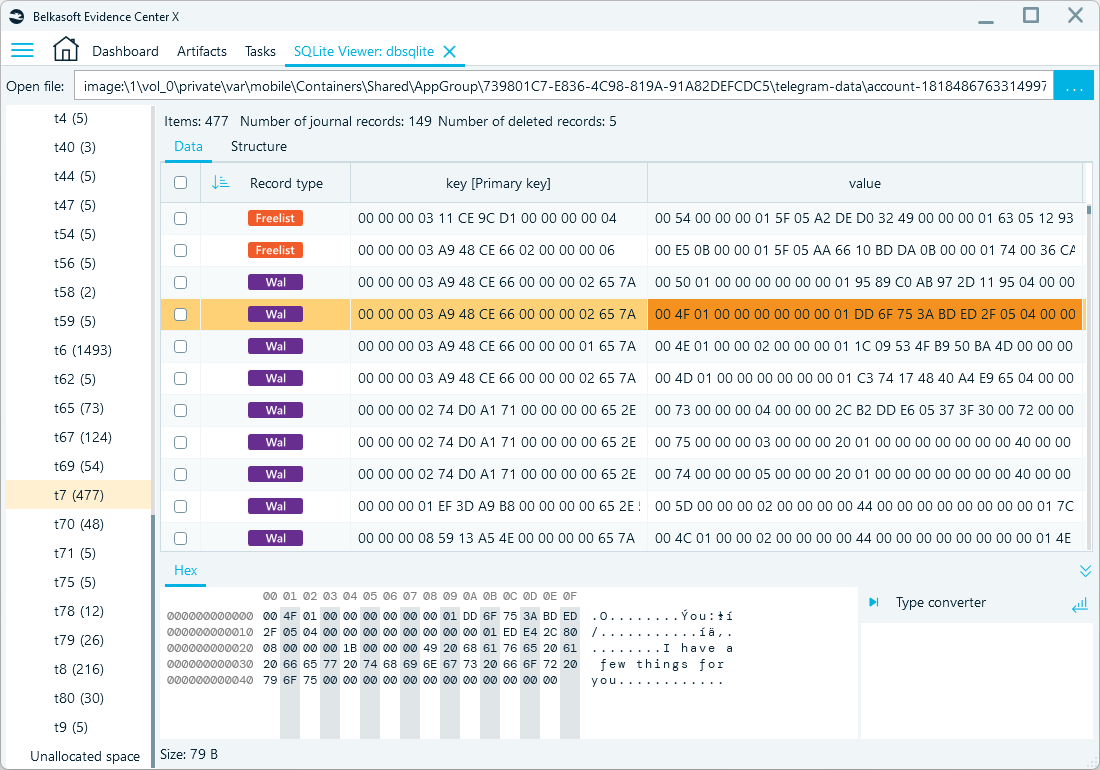 Belkasoft X displaying transactional records of an iOS Telegram database