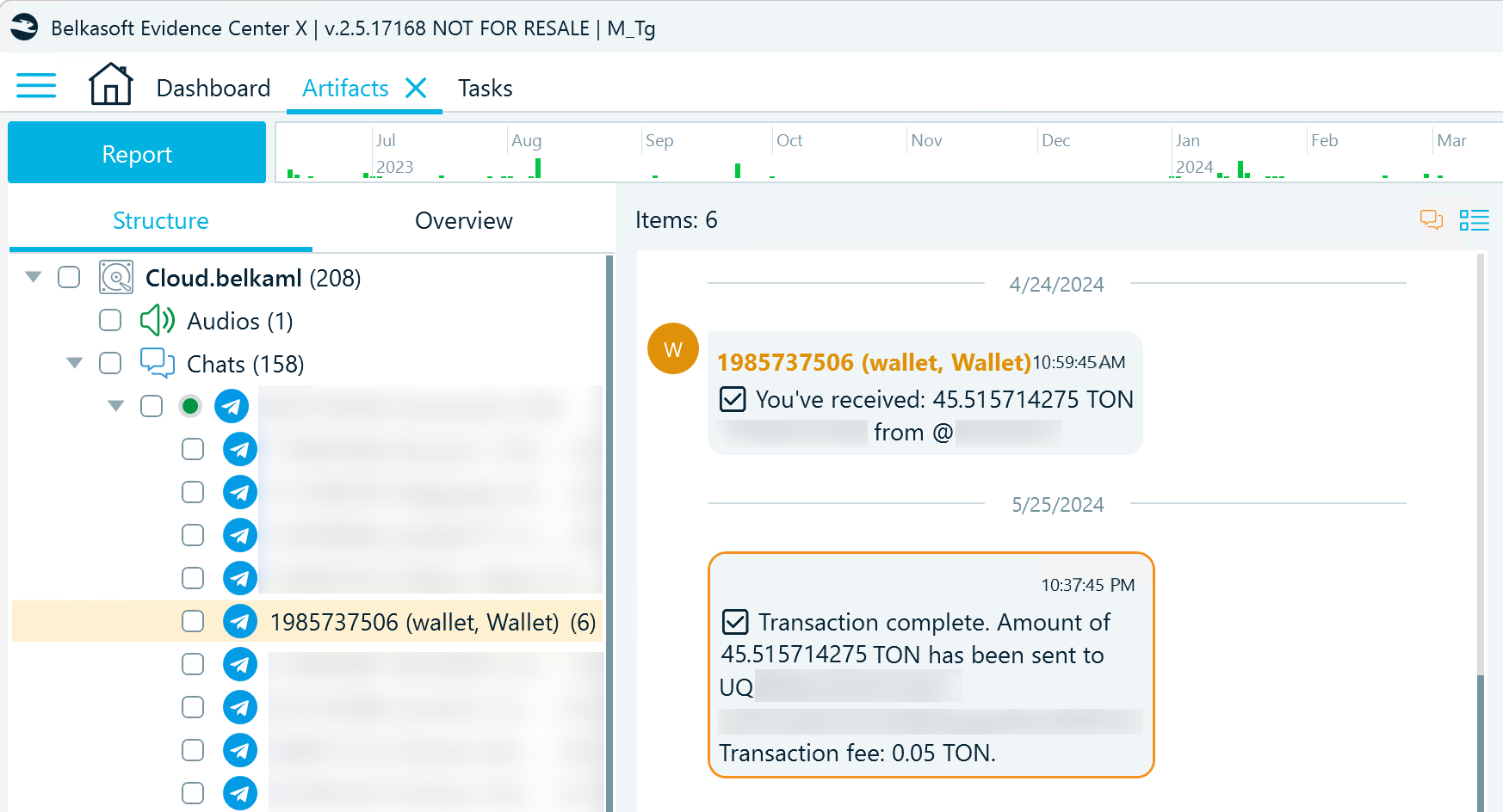 Belkasoft X displaying Telegram user's cryptocurrency transactions made with the Wallet bot<