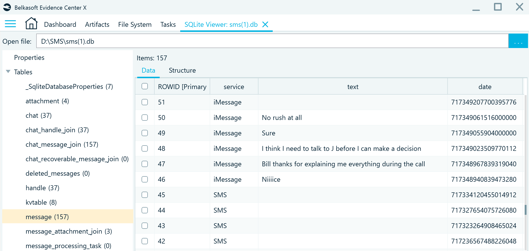 sms.db in Belkasoft X's file system viewer