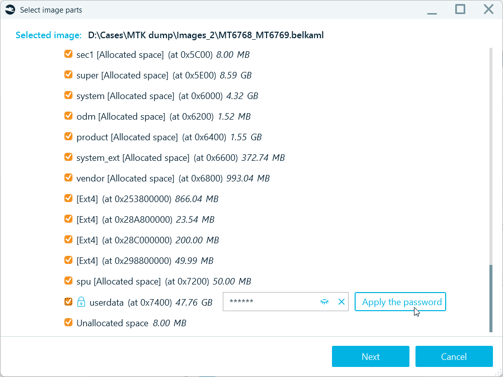 The Select image parts dialog in Belkasoft X with a password entered for the userdata partition