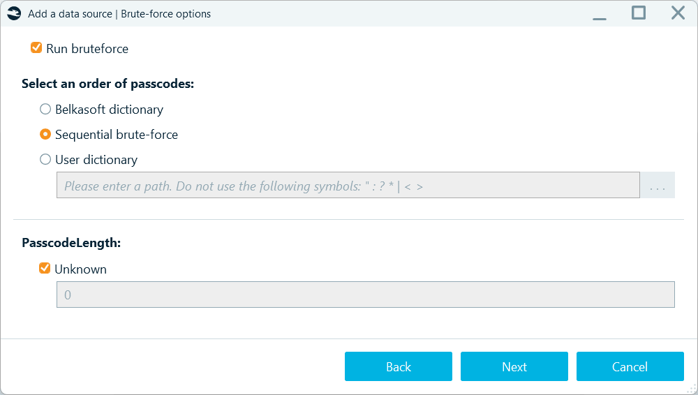 The dialog with the brute-force options available for MTK device images in Belkasoft X